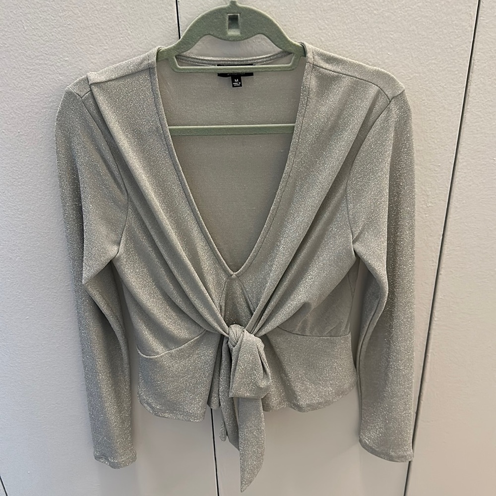 Privy Women’s Silver Front Tie Long Sleeve Deep-V Sparky Blouse